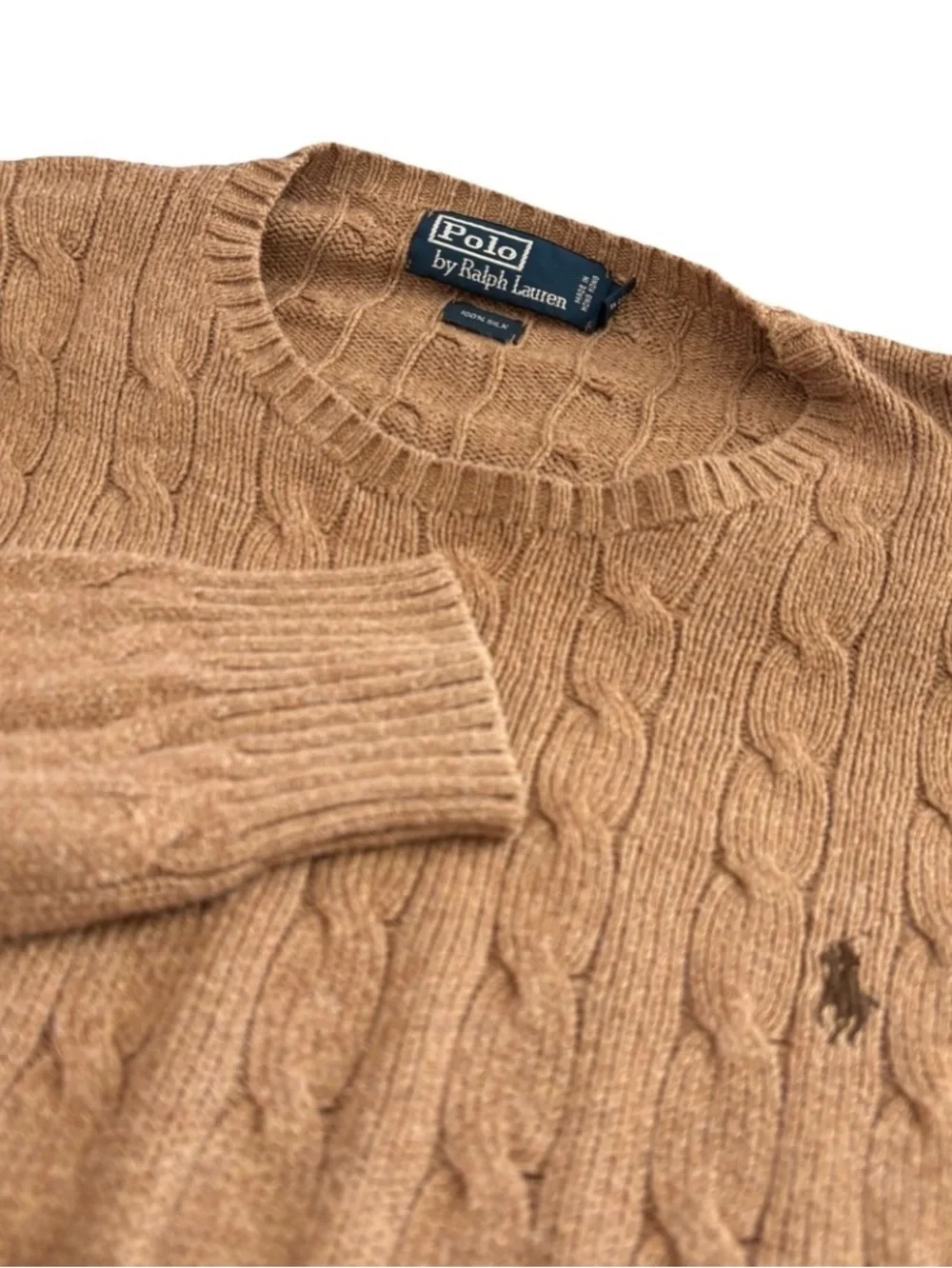 Polo Ralph Lauren Men’s Cable Knit Silk Camel Crewneck 100% Silk Sweater  Sz XL